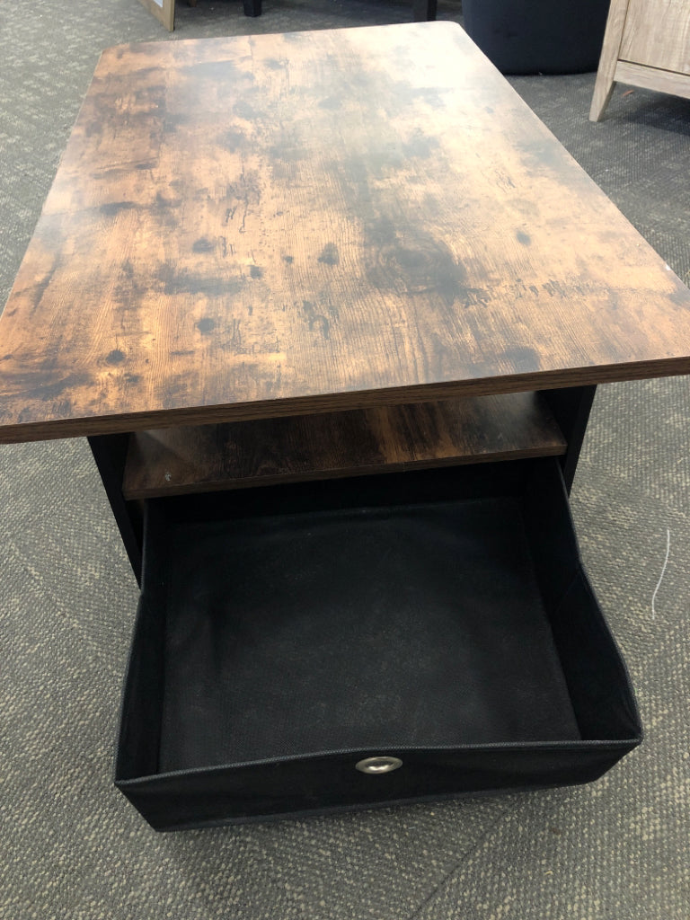 DARK WOOD COFFEE TABLE W/SIDE STORAGE.