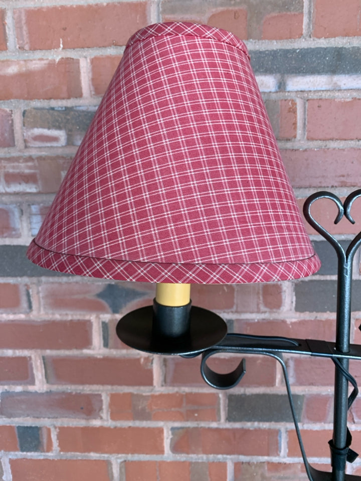 VTG METAL FLOOR LAMP W/SM RED SHADE.
