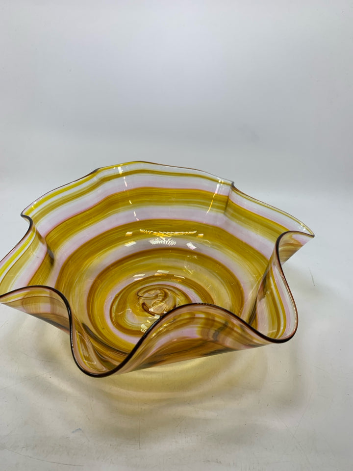 BLACK GLASS YELLOW/PINK THIN BOWL W/ RUFFLED EDGE.