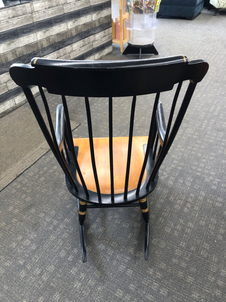 VTG BLACK WOODEN ROCKING CHAIR W/PAINTED FRUITS.