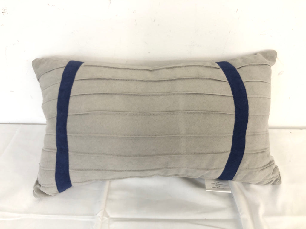 DECORATIVE PILLOW GRAY SUEDE WITH BLUE STRIPES.