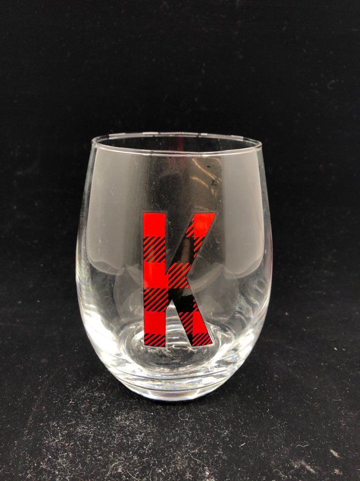 STEMLESS WINE GLASS W/ MONOGRAM "K" RED/BLACK PLAID.