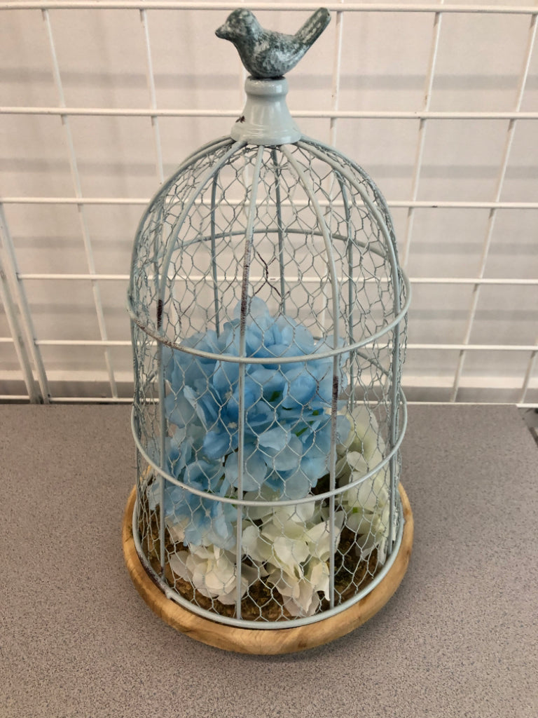 BLUE METAL BIRDCAGE DECOR W/FLORALS.