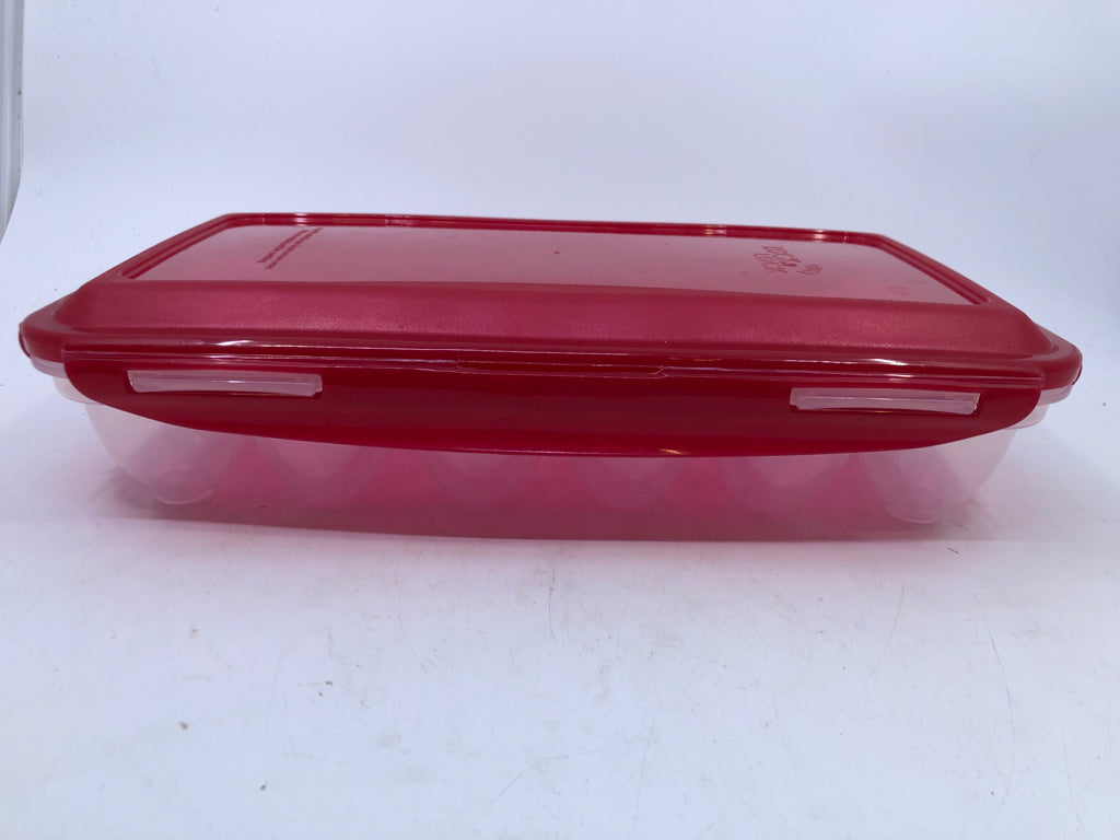 PLASTIC EGG STORAGE WITH RED LOCK LID.