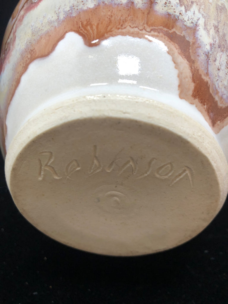 WHITE CERAMIC VASE BROWN/COPPER DRIP.