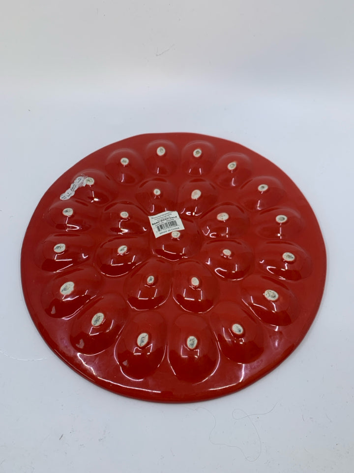 RED CERAMIC 24 SLOT DEVILED EGG PLATTER.