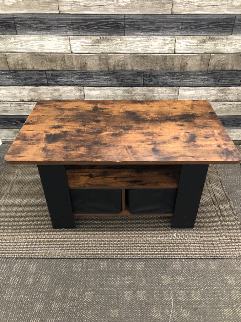 DARK WOOD COFFEE TABLE W/SIDE STORAGE.