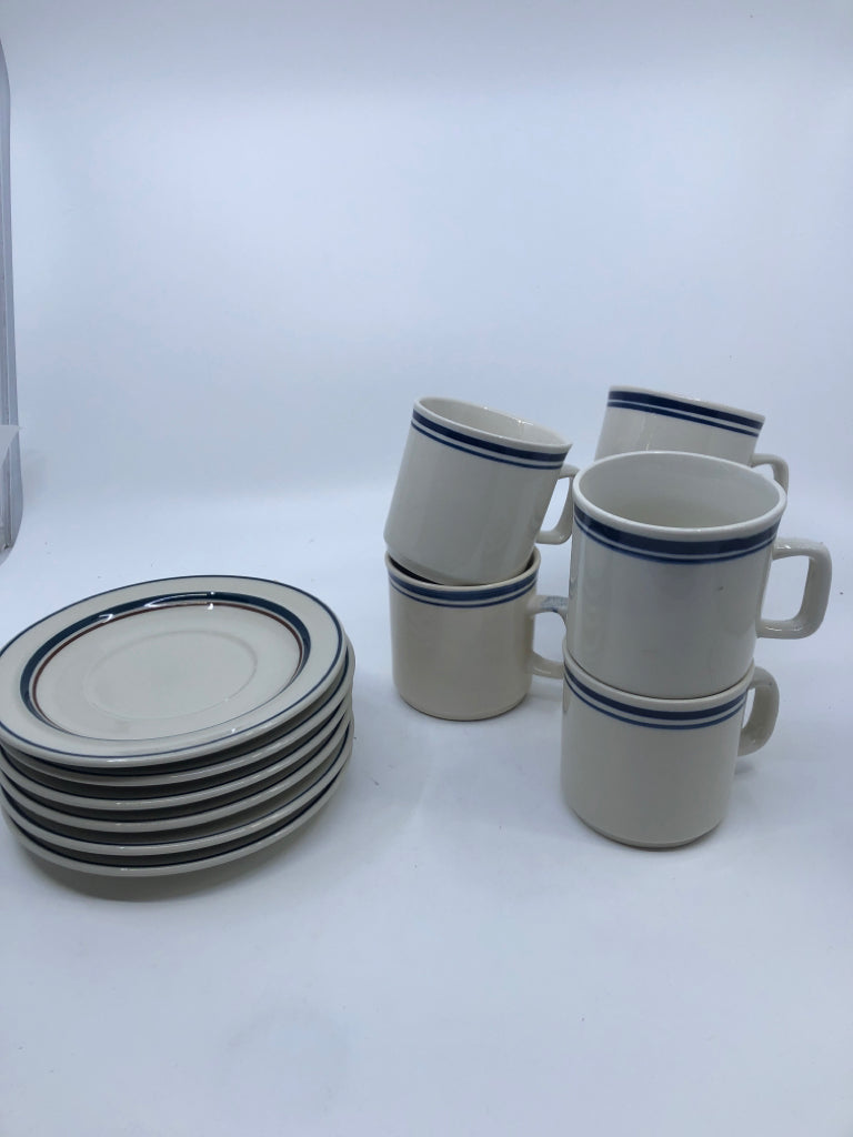 6 STONEWARE MUGS/SAUCERS.