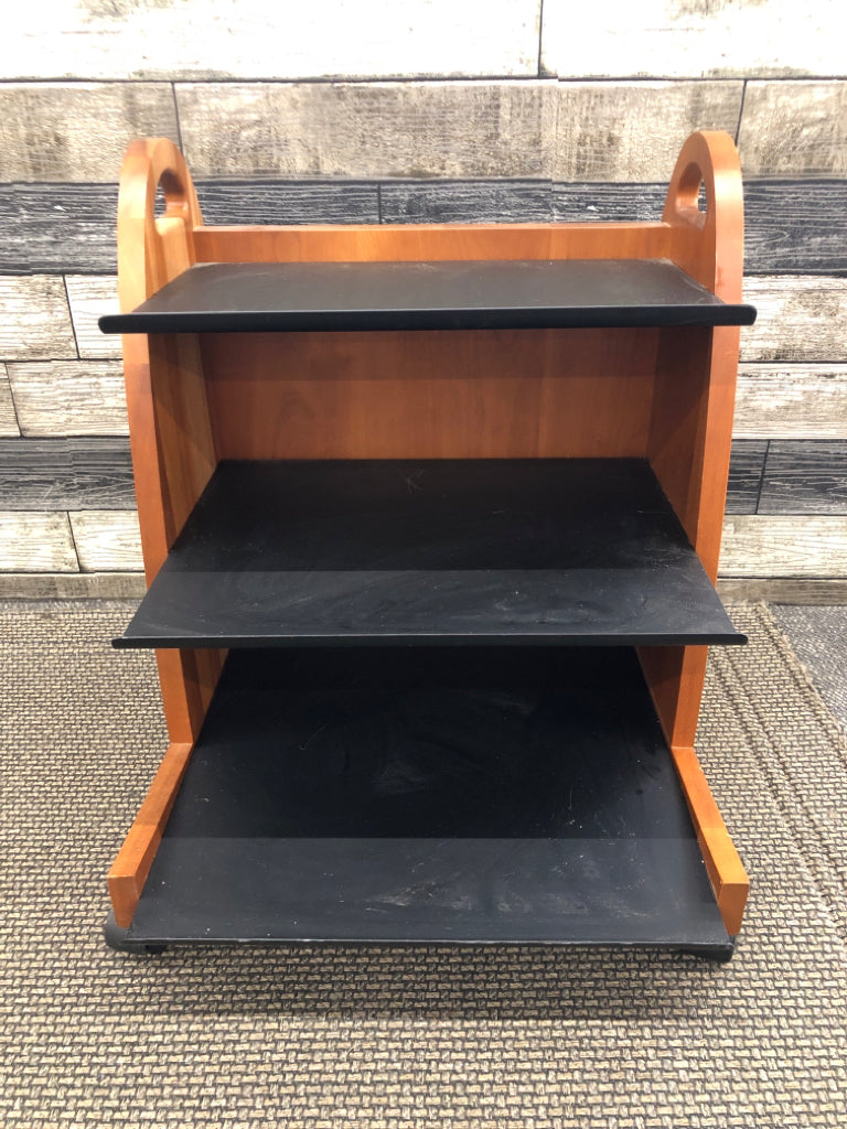 BLACK 3 TIER BOOKCASE ORGANIZER ON WHEELS.