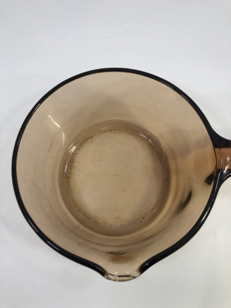 BROWN GLASS SAUCE PAN W/HANDLE.