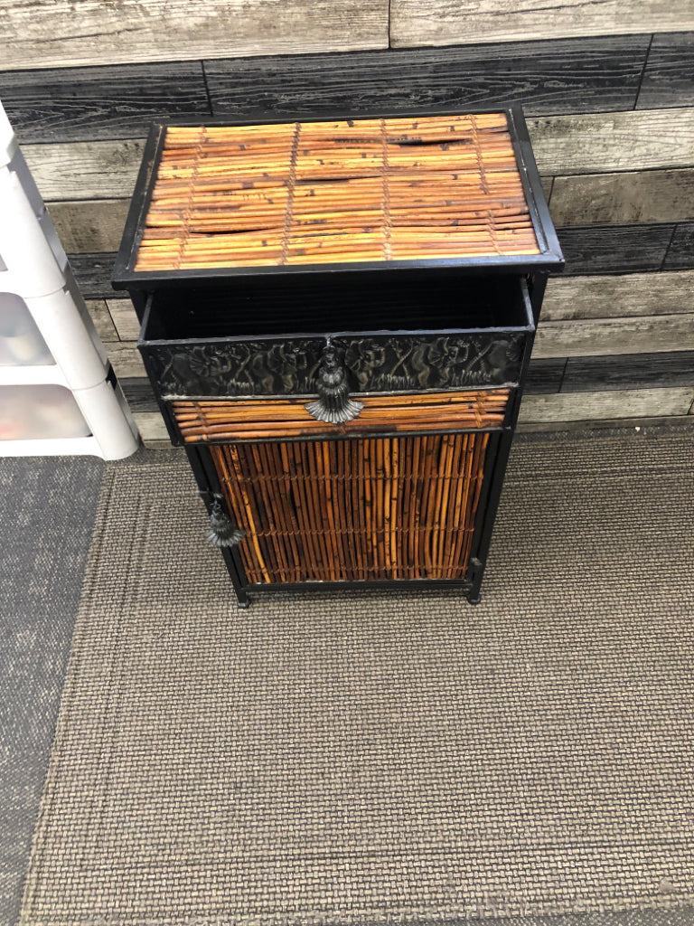 LIGHT WEIGHT BLACK METAL CABINET W/ BAMBOO DETAIL + DRAWER.