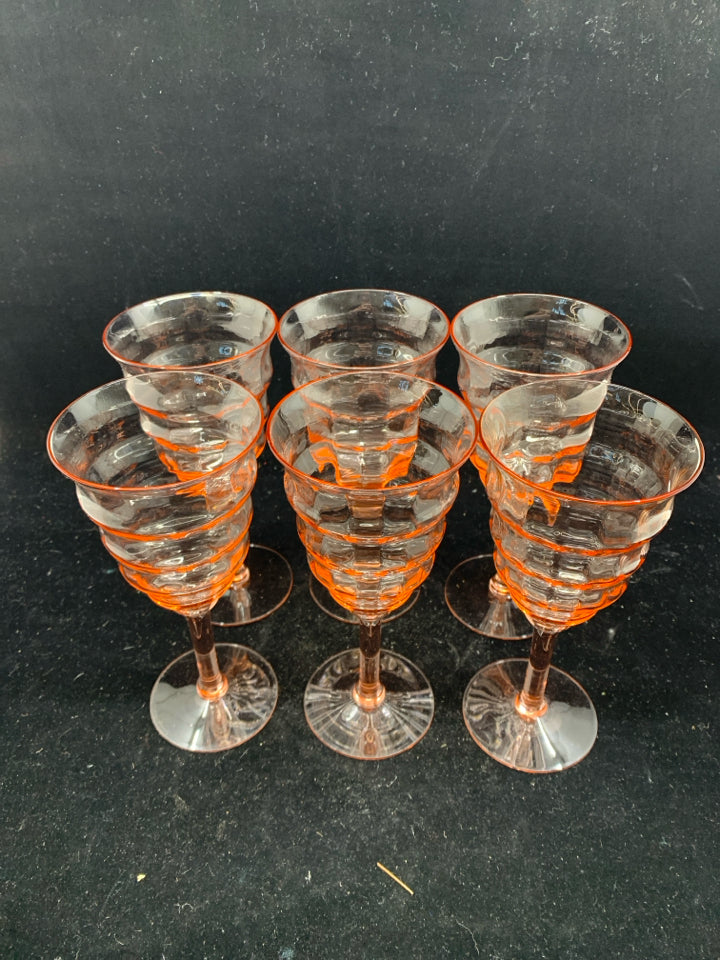 6 PINK GLASS SLIGHTLY FLARED WINE GLASSES.