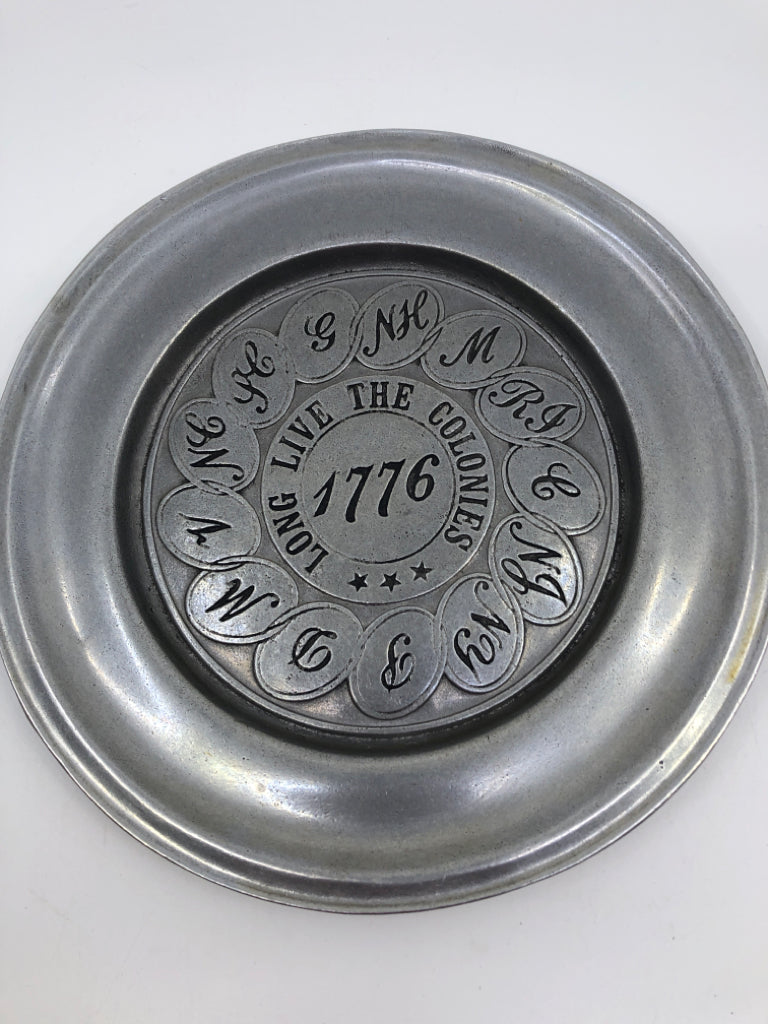 PEWTER LONG LIVE THE COLONIES DECORATIVE PLATE.
