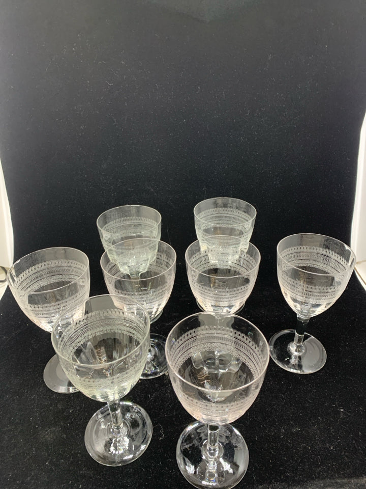 8-VTG ETCHED GOBLET/WINE GLASSES.