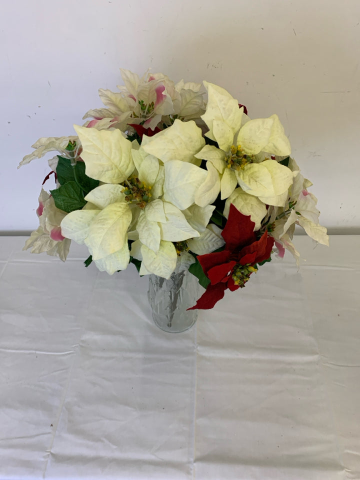 WHITE AND RED POINSETTIA ARRANGEMENT.