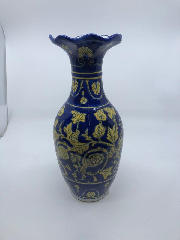 BLUE AND YELLOW FLARED TOP VASE.