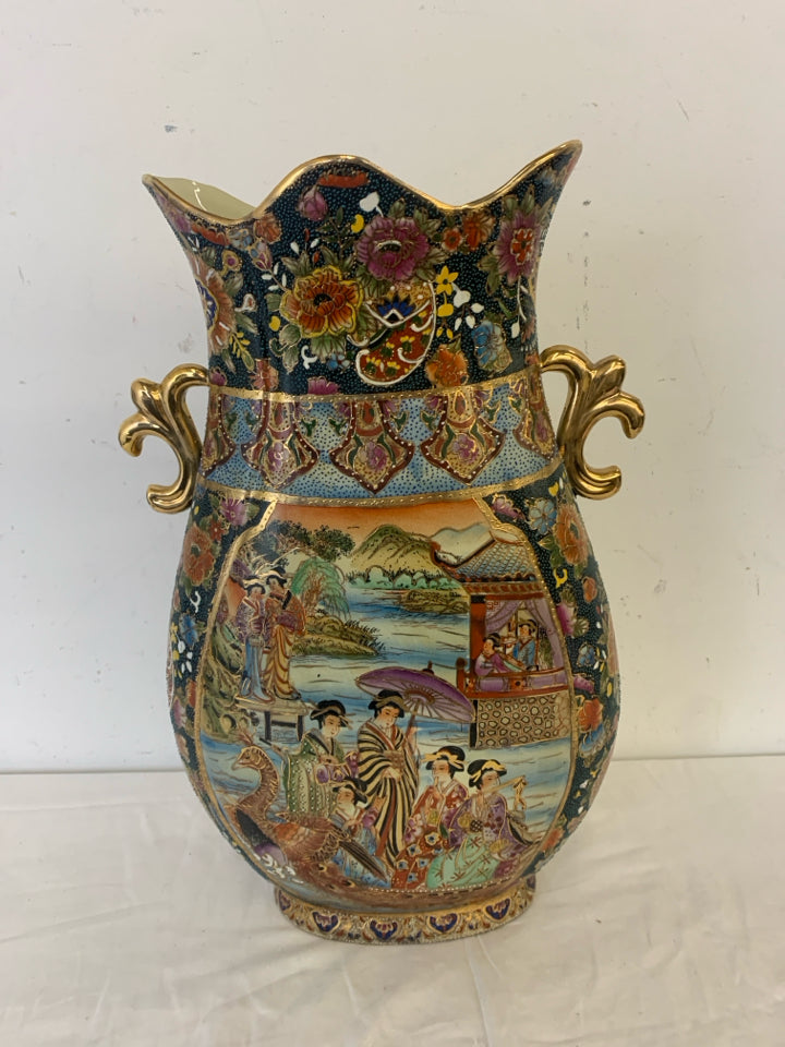 WIDE ASIAN STYLE VASE W WOMEN AND PEACOCK.