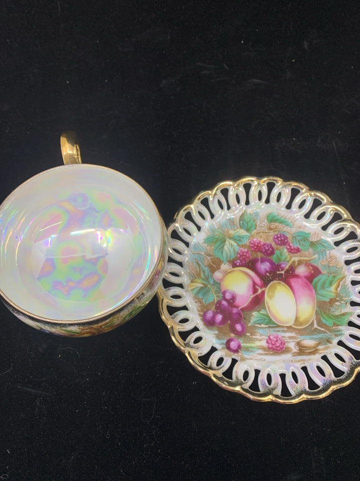 VTG IRIDESCENT FRUIT DESIGN FOOTED TEA CUP & SAUCER-ROYAL SEALY.