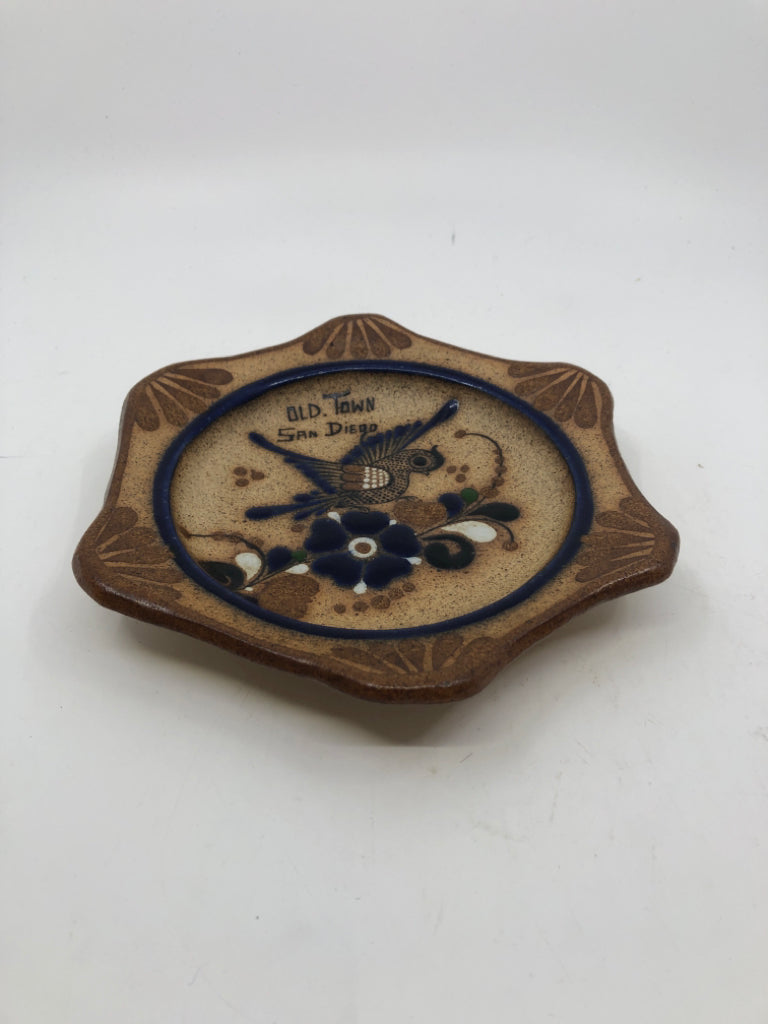 HEXAGON BROWN POTTERY BIRD DISH- MEXICO.