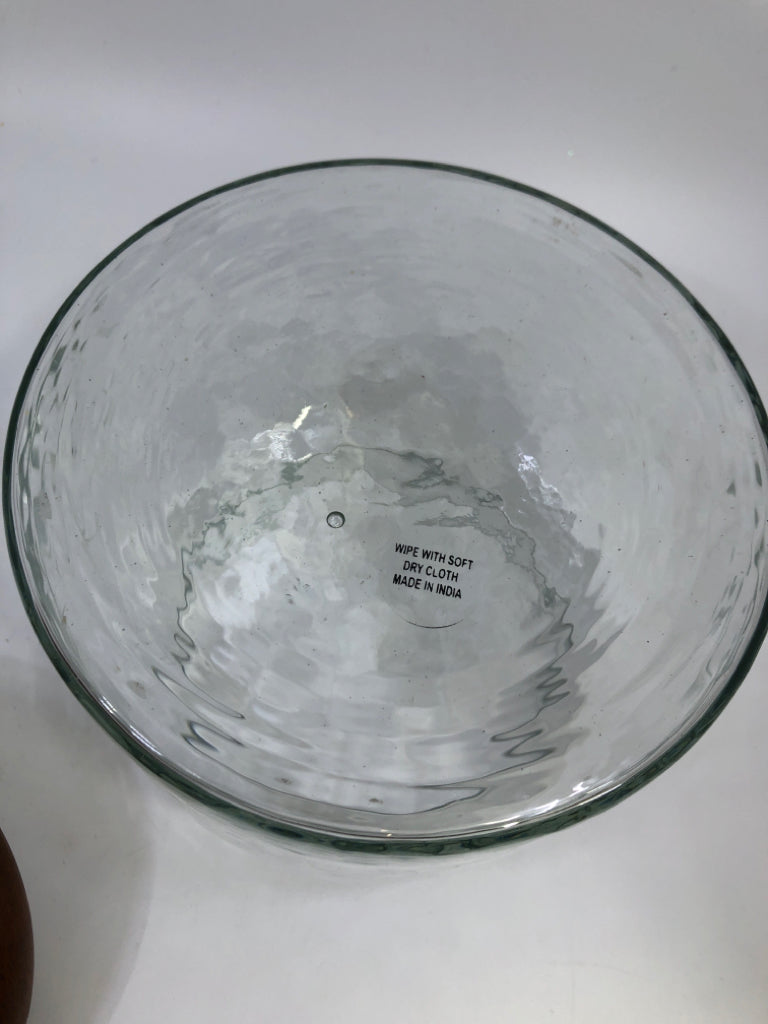 GLASS CANISTER W/WOOD TOP & BRONZE DOG BONE.