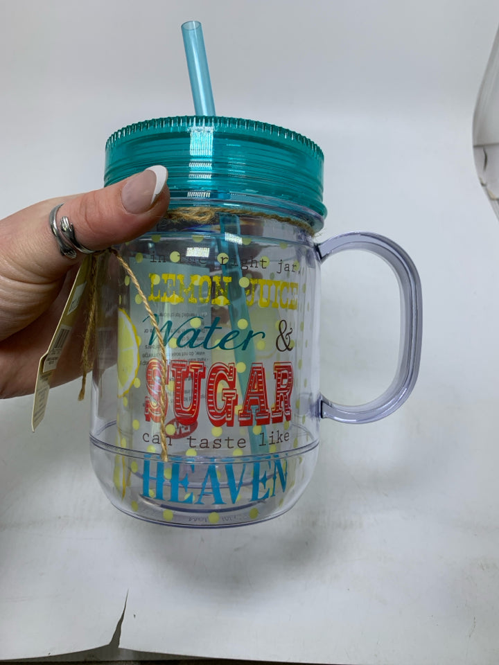 NEW PLASTIC LEMON PATTERN MASON JAR W/ STRAW CUP.