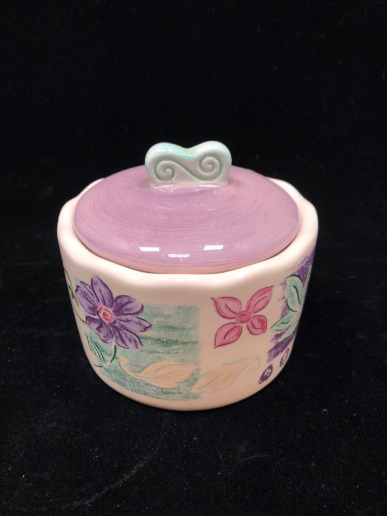 PURPLE FLORAL "FAVORITE THINGS" CANISTER.