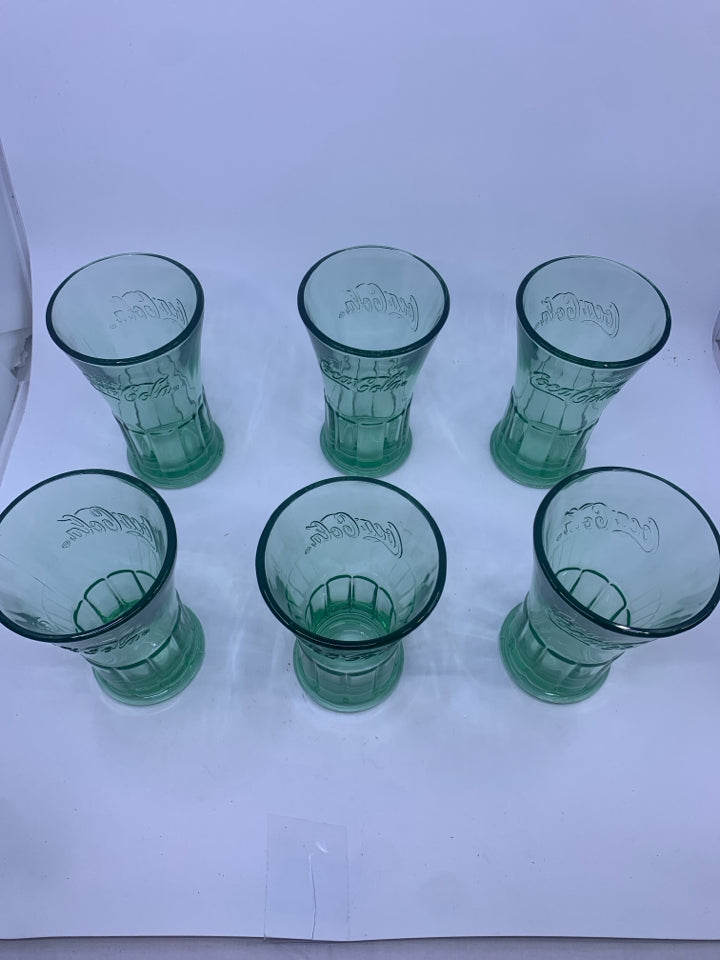 6 GREEN TINT COCA-COLA GLASSES W SLIGHT FLARE.