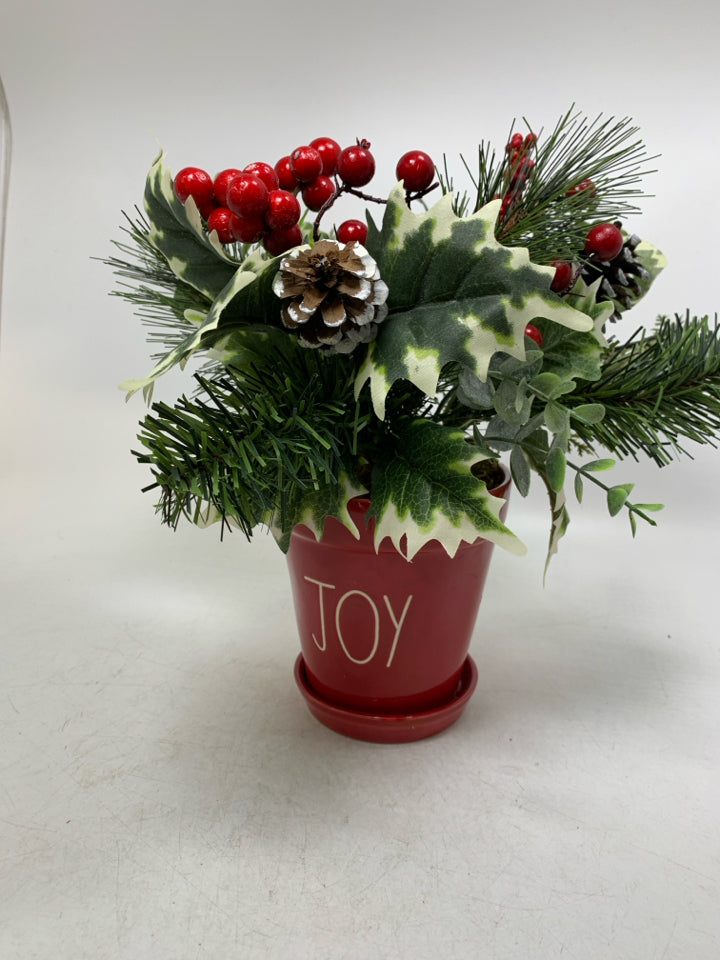 RAE DUNN RED JOY PLANTER W/ WINTER BOUQUET.