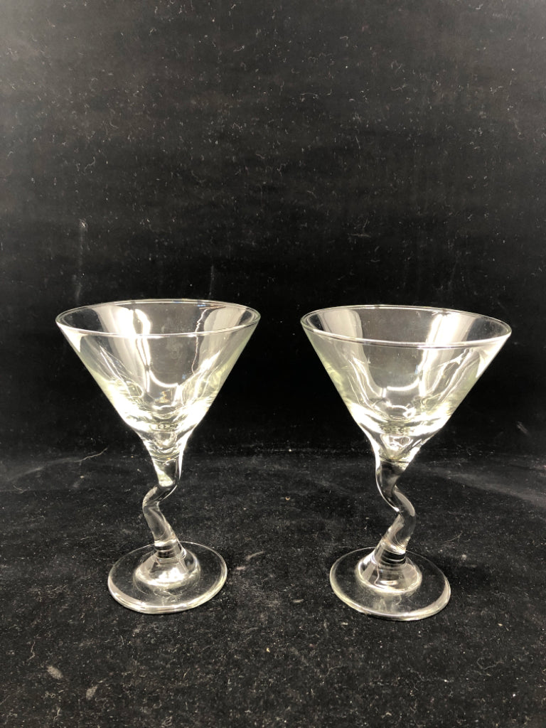 2 TWISTED STEM MARTINI GLASSES.