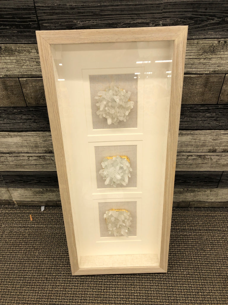 3 CRYSTAL GEODES SHADOW BOX IN TAN FRAME.