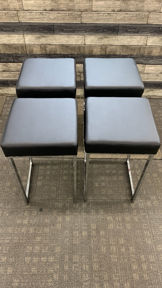 4 CHROME SQUARE STOOLS W/BLACK FAUX LEATHER SEAT.