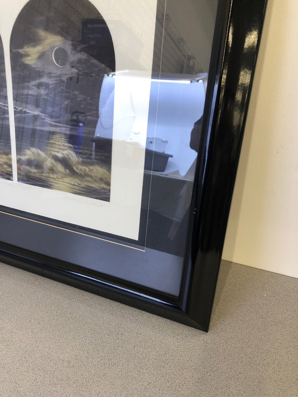 WINDOW PANES IN BLACK FRAME WITH MOONS- SIGNED .