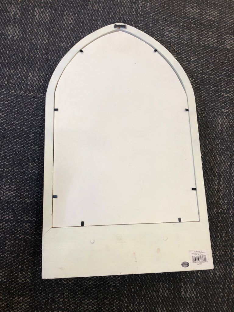 WHITE DISTRESSED ARCH HANGING MIRROR- SHELF WITH 4 HOOKS.