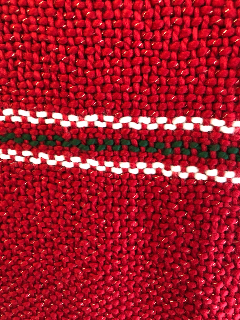 NEW RED CROCHET THROW GREEN, WHITE STRIPE.