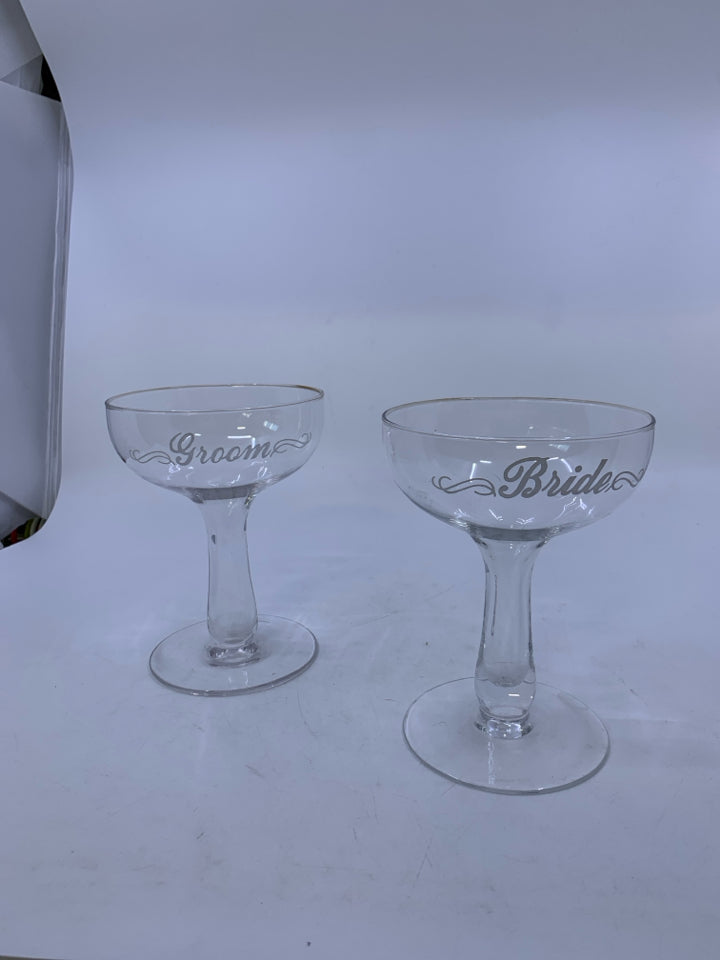 2 MUSHROOM BRIDE/GROOM GLASSES.