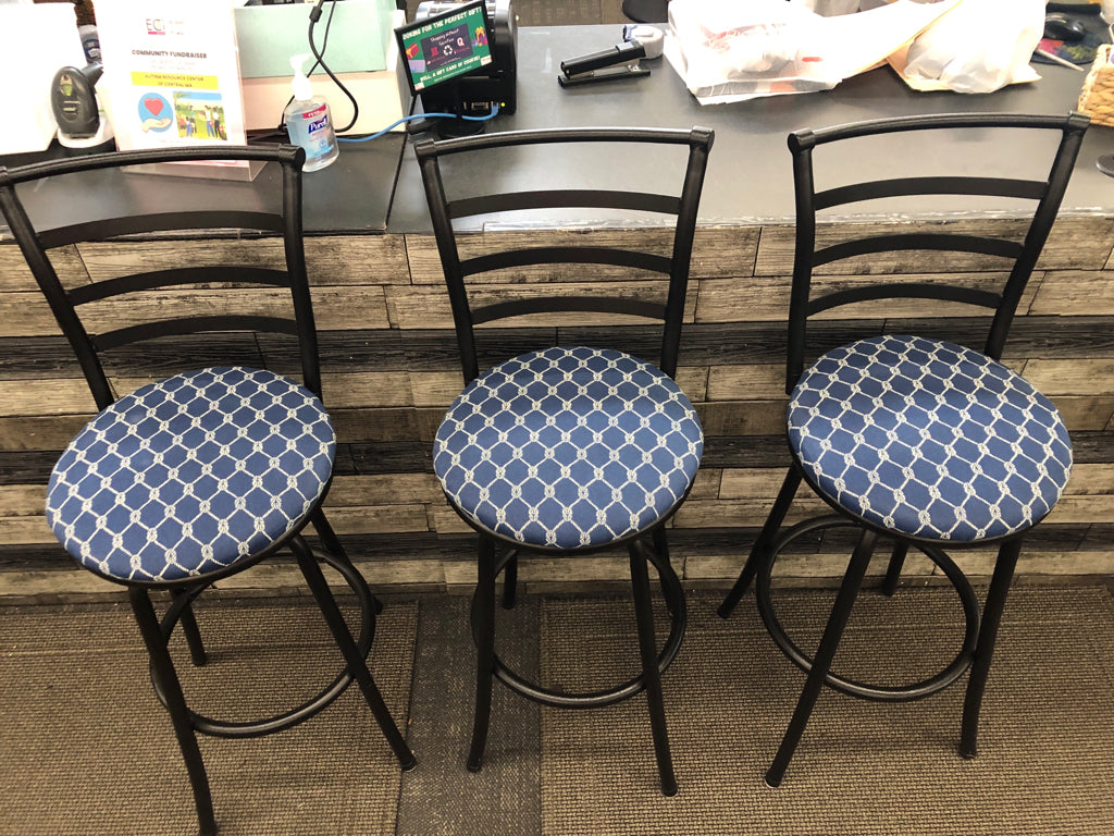 3 BLACK METAL STOOLS W BLUE CUSHION.