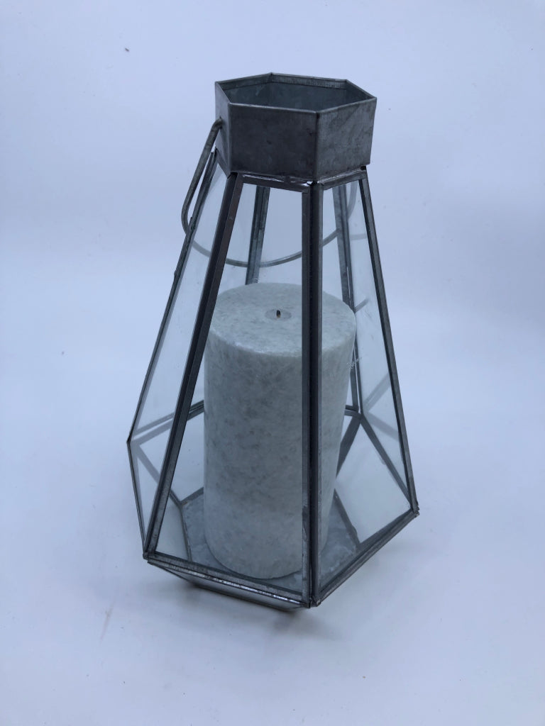 ABSTRACT GLASS METAL LANTERN W CANDLE.