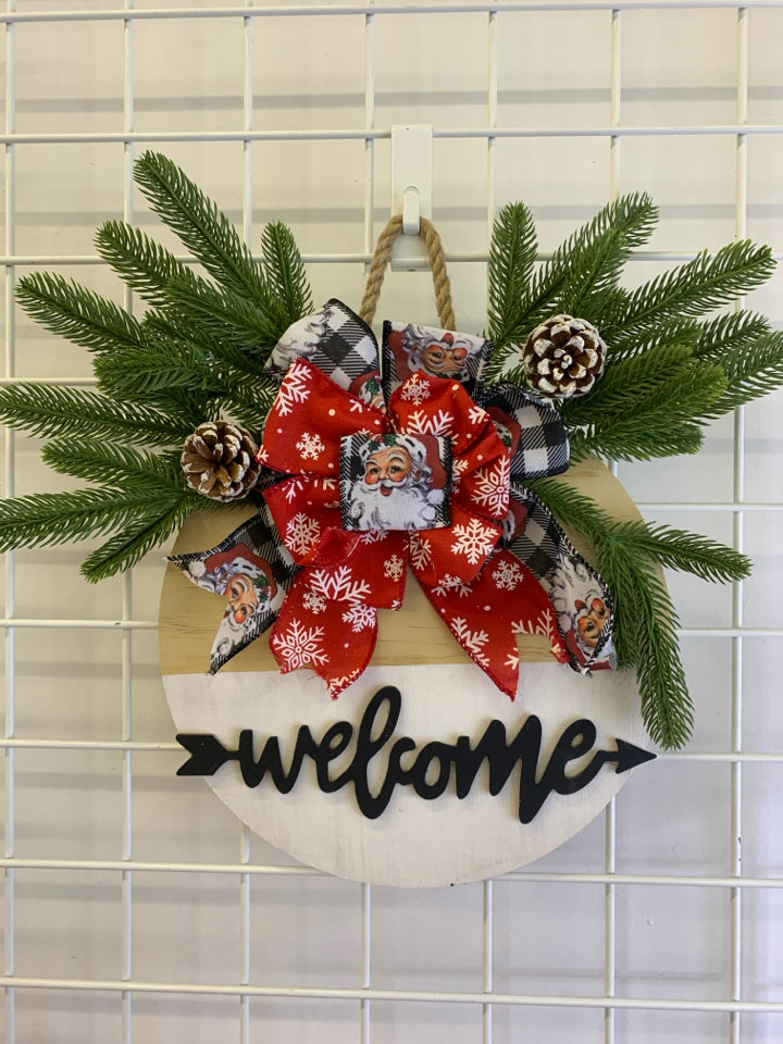 ROUND "WELCOME" HOLIDAY SANTA RIBBON SIGN.