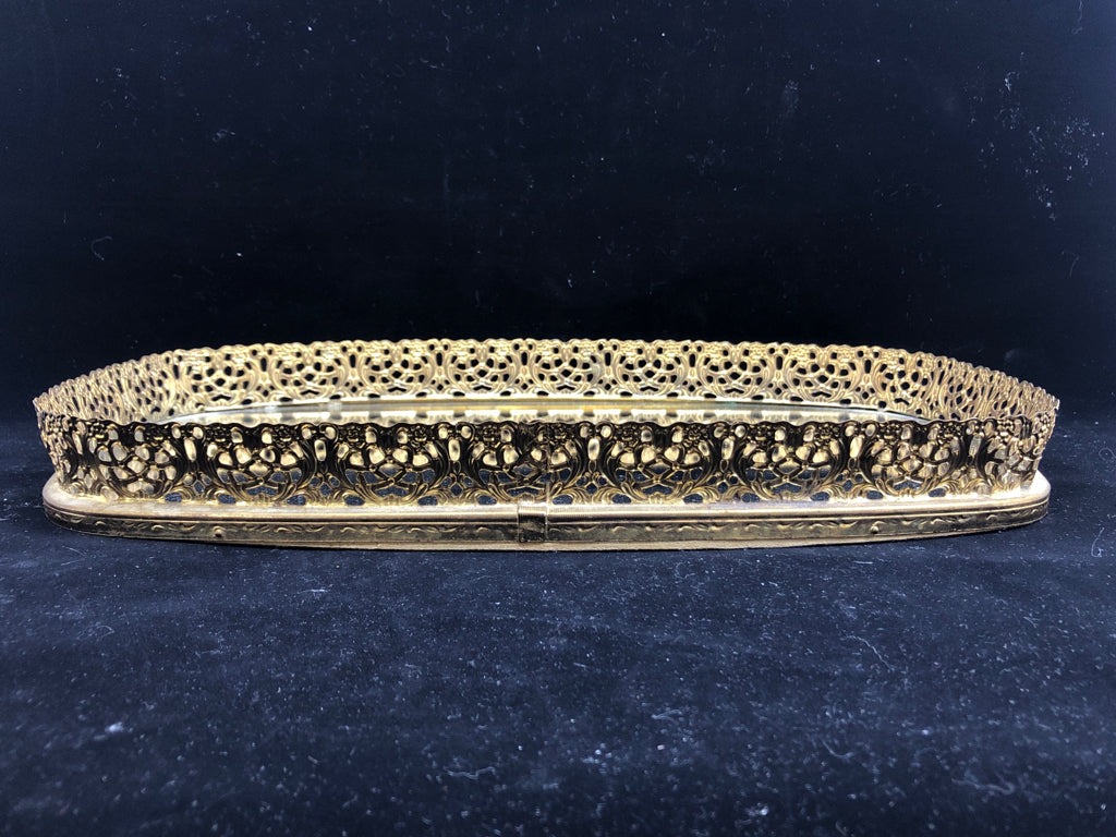 OVAL GOLD FRAMED MIRROR TRAY.