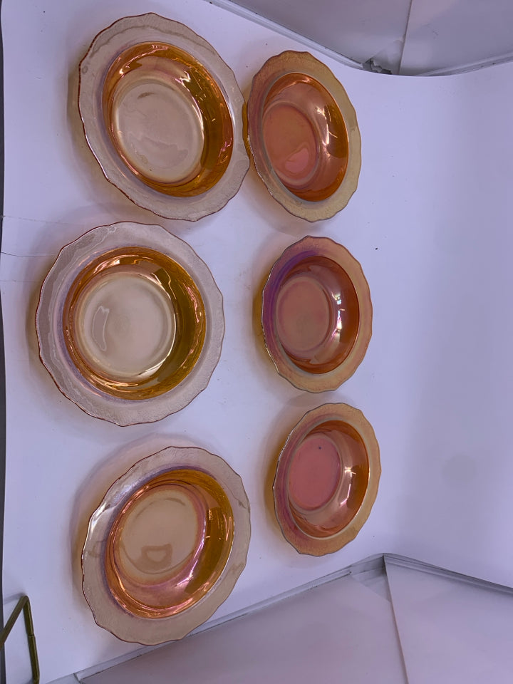 6 VTG CARNIVAL GLASS ETCHED BERRY BOWLS.