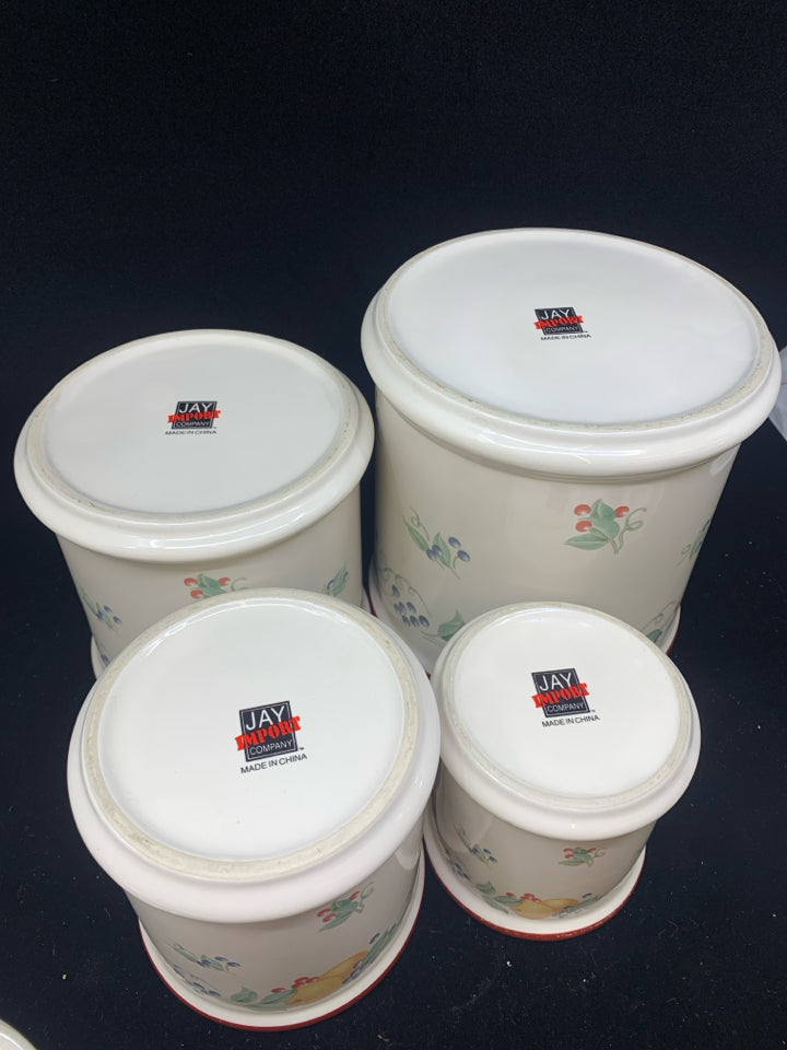 4 PC CANISTER SET CREAM W/ ASSORTED FRUITS/ RED RIM.