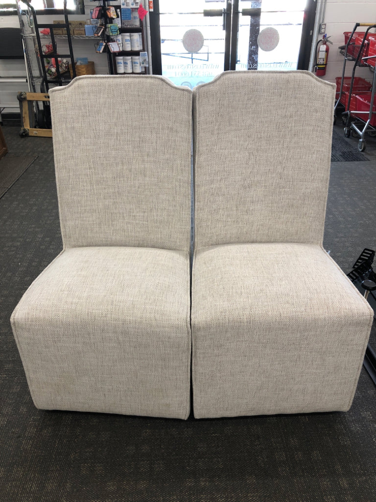 2 GREY WHITE ACCENT SLIPPER CHAIRS W WHEELS.