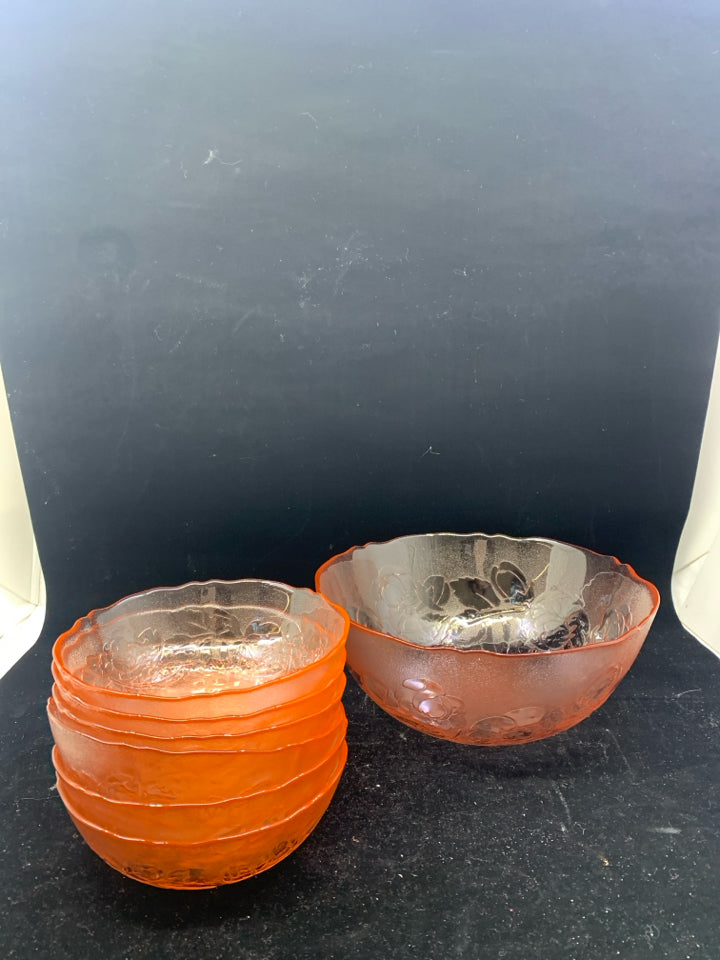 7 PC PINK GLASS SALAD BOWL SET W/ EMBOSSED ROSES.