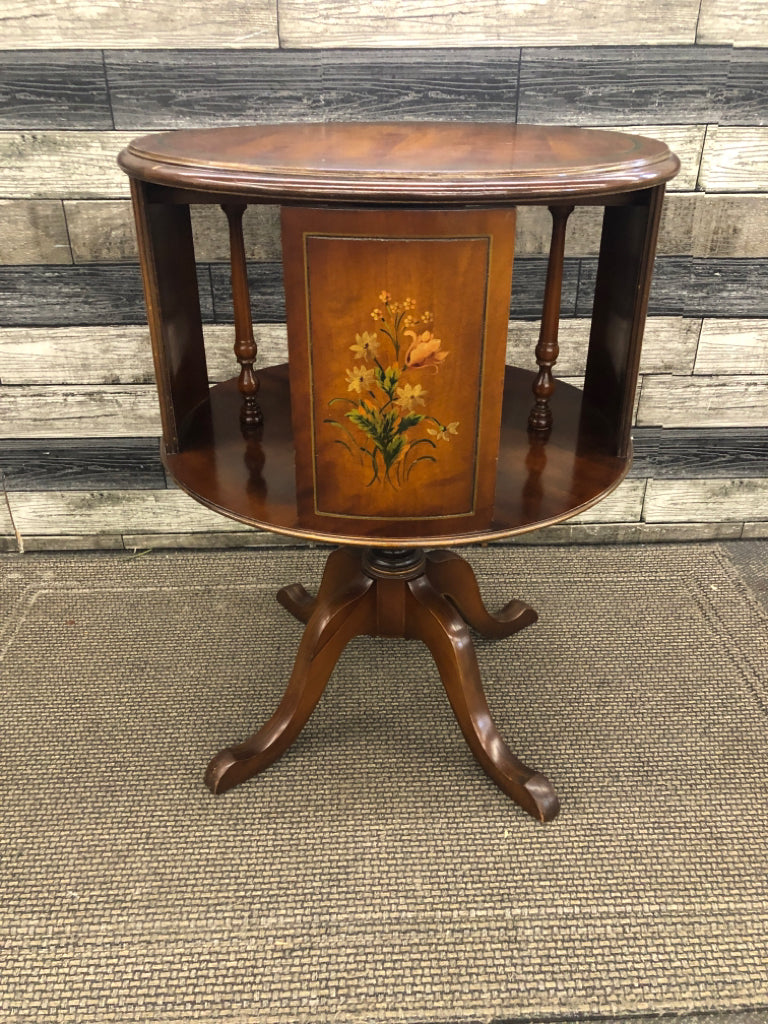 VTG 2-TIER END TABLE W/HAND-PAINTED SPINNING PANELS.