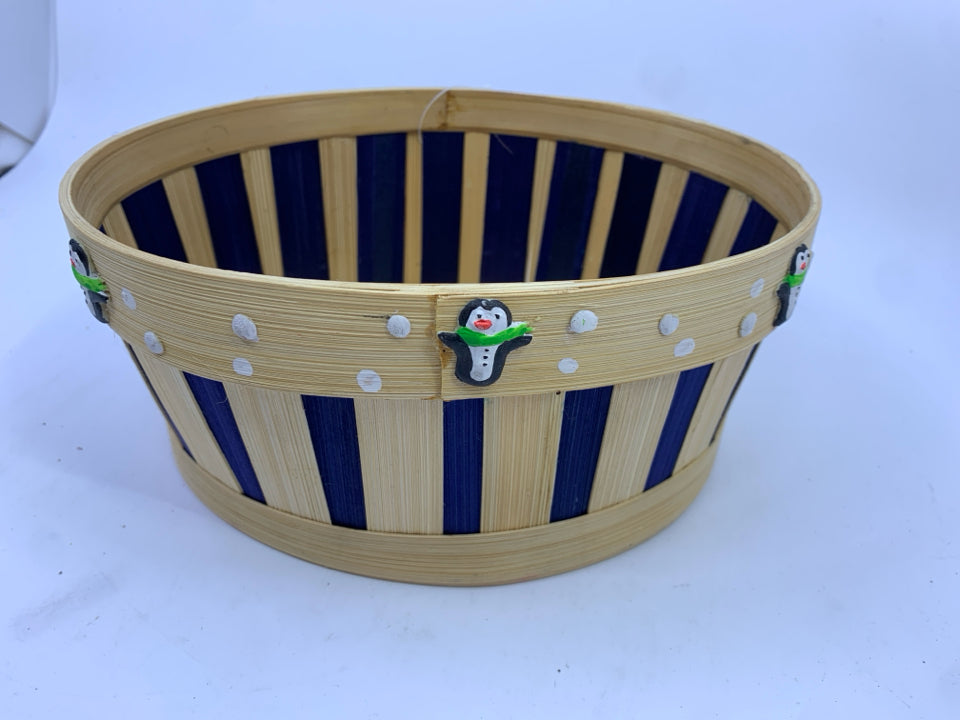 BLUE AND WOOD BASKET W PENGUINS.