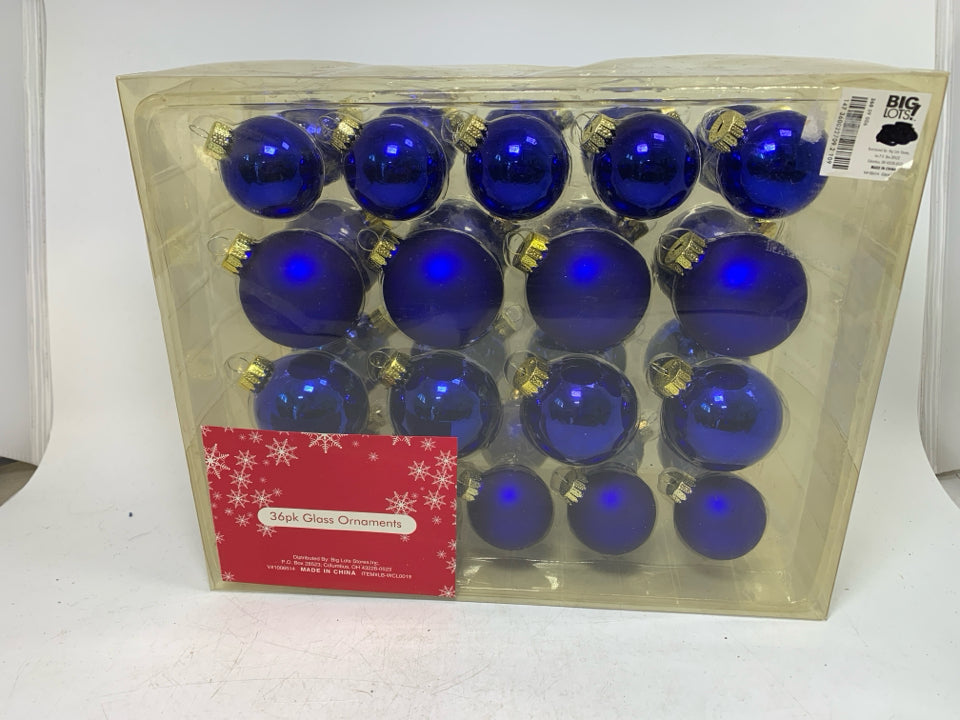 NIP COBALT BLUE 36 COUNT OF GLASS ORNAMENTS.