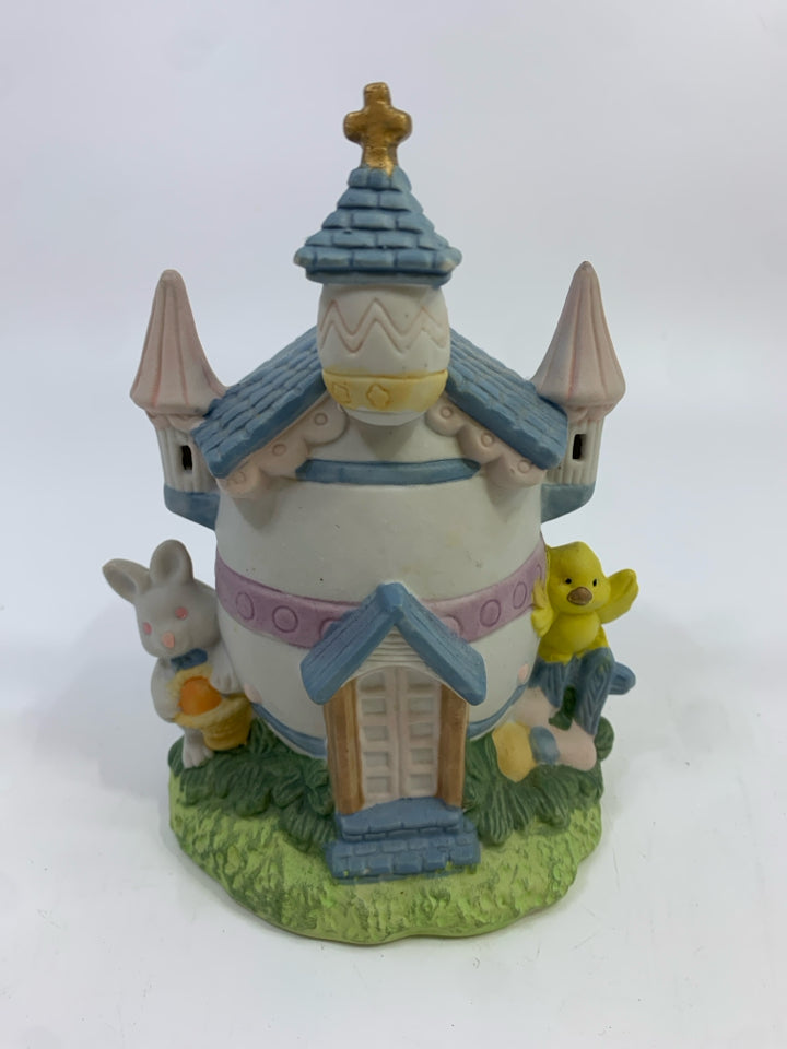 EGG CHURCH W BUNNY & CHICK FIGURINE.