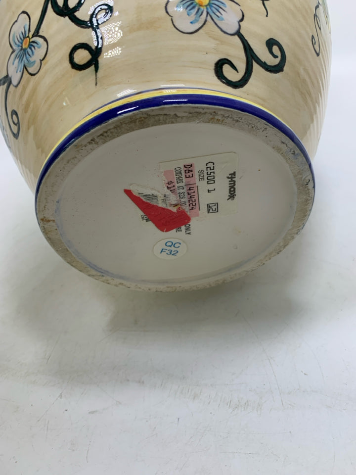 LARGE CERAMIC COBALT BLUE YELLOW URN VASE W/ PAINTED LEMONS.