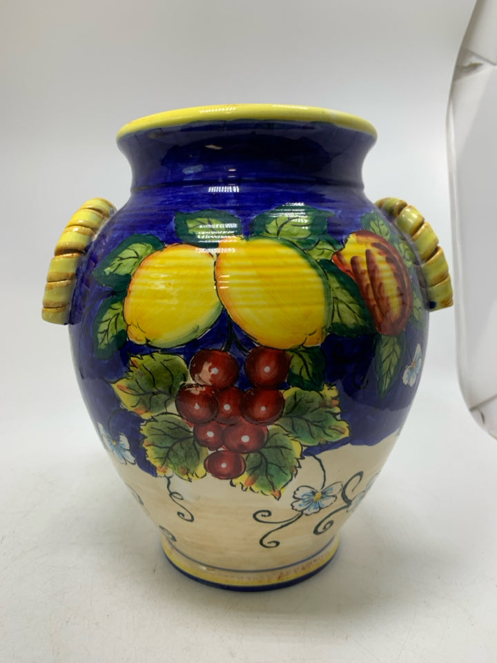 LARGE CERAMIC COBALT BLUE YELLOW URN VASE W/ PAINTED LEMONS.