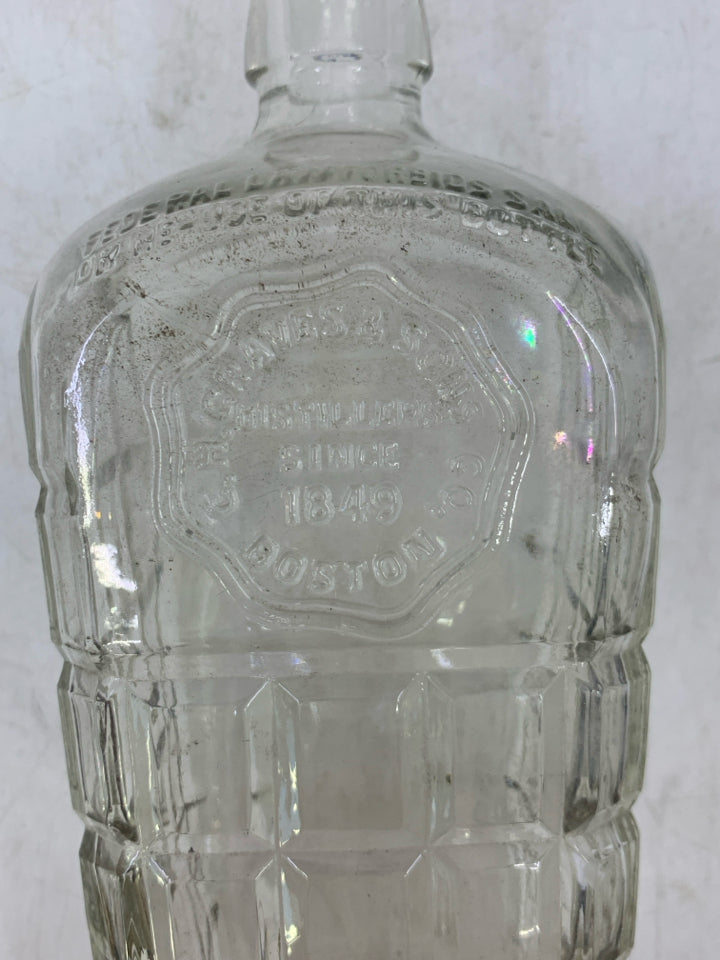 VTG EMPTY GLASS C H CRAVES & SONS DISTILLERS BOSTON EMBOSSED SQUARE DETAIL.